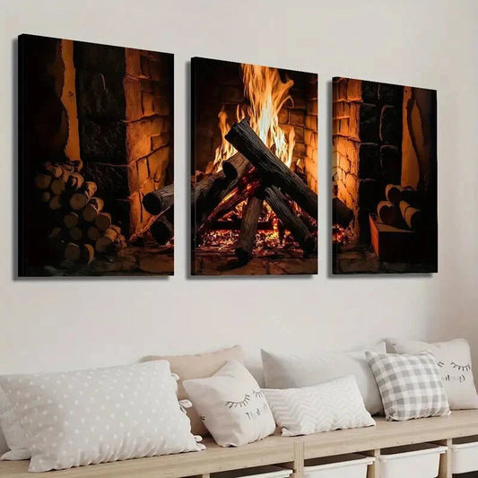 3pcs Wood Burning in Country Cottage Fireplace Wall Art Set Canvas Framed 40x60cm - High Quality Print 100% Australian Made Wall Canvas Ready to Hang