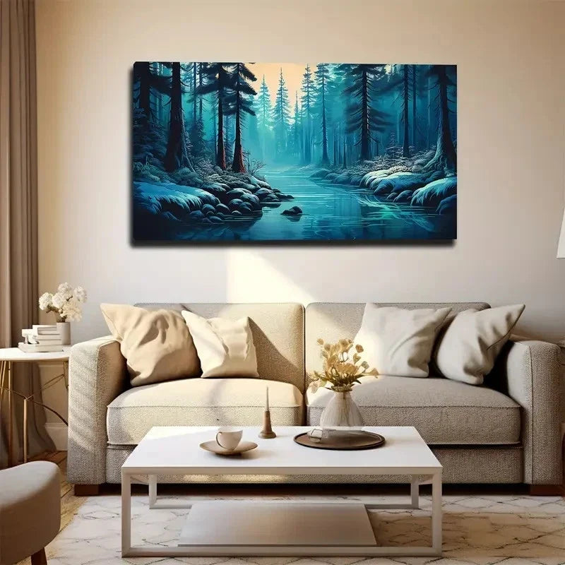 Winter Forest Stream Wall Art Canvas Office Home Room Framed 120x60cm