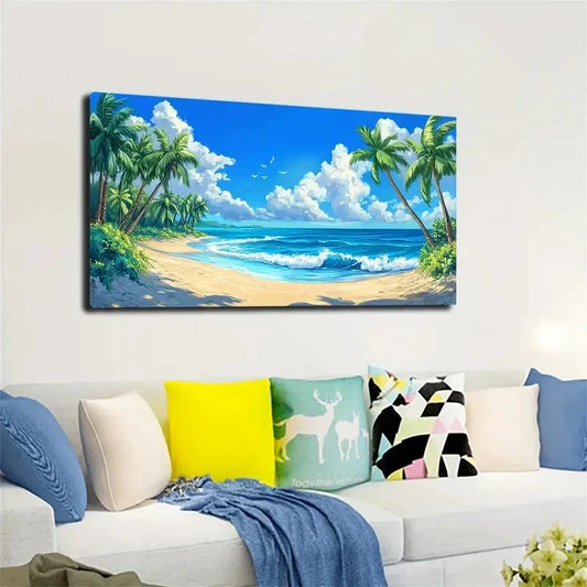 Tropical Beach Scene with Palm Wall Art canvas office home room framed 120x60cm