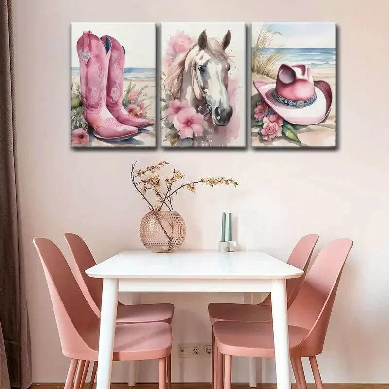 3pcs Coastal Cowboy Canvas Wall Art Western Girl  Metal Print Ready to Hang Art