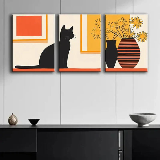 3pcs Colorful Modern Black Cat & Yellow Perfect Wall Art Set Canvas Framed 40x60cm - High Quality Print 100% Australian Made Wall Canvas Ready to Hang