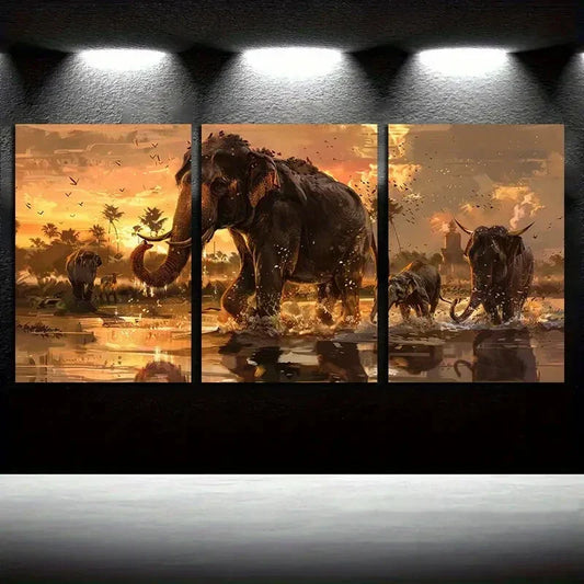 3pcs Woolly Mammoth Animals River Crossing Metal Print Ready to Hang Art