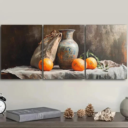 3pcs Still life painting of an old vase Metal Print Ready to Hang Art