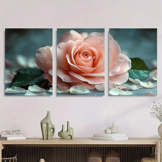 3pcs Pink Roses White Petals and Green Leaf Metal Print Ready to Hang Art