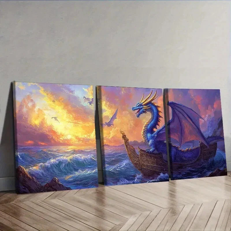 3pcs Blue Dragon on Boat Canvas  Wall Art Set Canvas Framed 40x60cm - High Quality Print 100% Australian Made Wall Canvas Ready to Hang