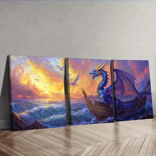 3pcs Blue Dragon on Boat Canvas  Wall Art Set Canvas Framed 40x60cm - High Quality Print 100% Australian Made Wall Canvas Ready to Hang