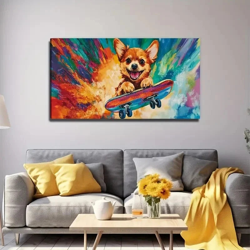 Dog Skateboard Decor Wall Art Canvas Office Home Room Framed 80x45cm