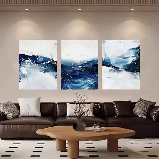 3pcs Blue & White Abstract Wave Metal Print Ready to Hang Art