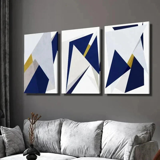 3pcs Geometric Golden and Blue Triangle Design Wall Art Set Canvas Framed 40x60cm - High Quality Print 100% Australian Made Wall Canvas Ready to Hang
