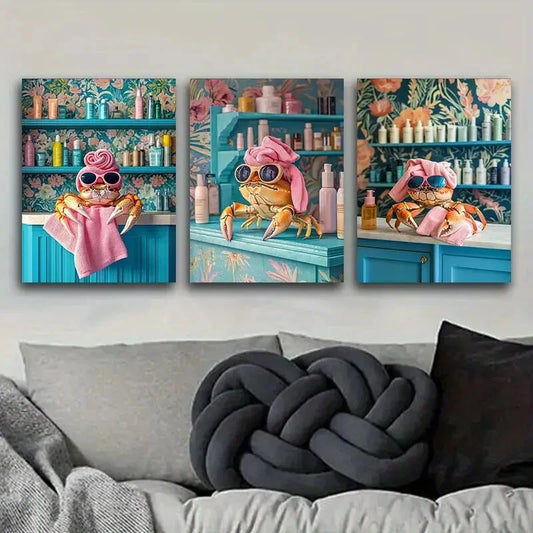 3pcs Whimsical Crab Design Tropical Vibes Wall Art Set Canvas Framed 40x60cm - High Quality Print 100% Australian Made Wall Canvas Ready to Hang