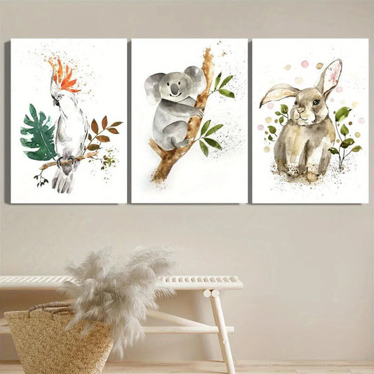 3pcs White Parrot Cute Bunny Branches Green Leaves Metal Print Ready to Hang Art