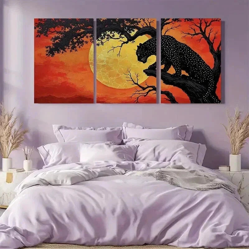 3pcs Black Leopard & Silhouetted Trees in Sunset Wall Art Set Canvas Framed 40x60cm - High Quality Print 100% Australian Made Wall Canvas Ready to Hang