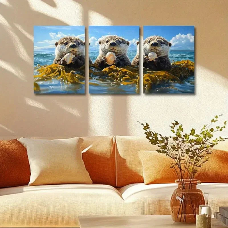 3pcs Three Lovely Otters with Shells Metal Print Ready to Hang Art