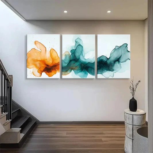 3pcs Orange Teal & White Brush Strokes Perfect Wall Art Set Canvas Framed 40x60cm - High Quality Print 100% Australian Made Wall Canvas Ready to Hang