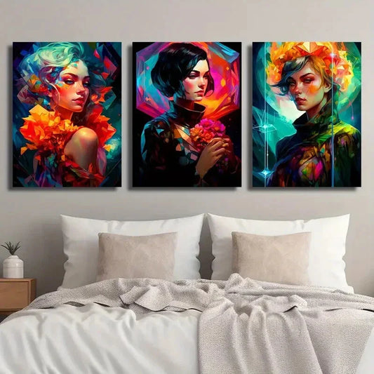 3pcs Female Colorful Floral Girl Metal Print Ready to Hang Art