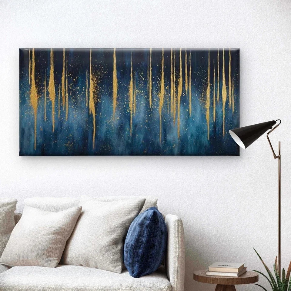 Blue & Golden Abstract Drip Wall Art Canvas Office Home Room Framed 80x45cm