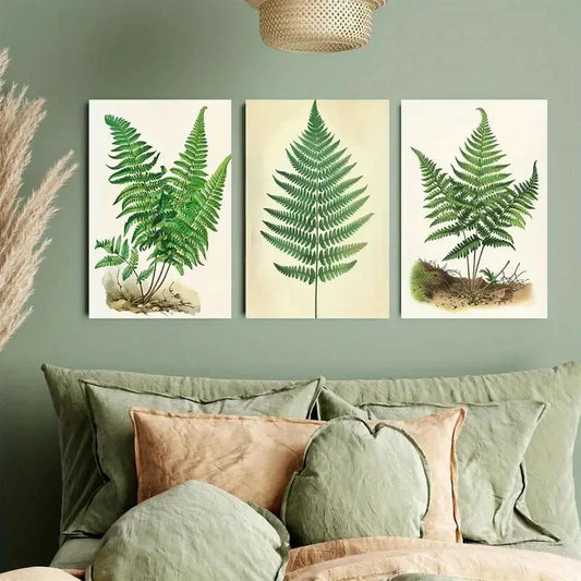 3pcs Retro Tassel Fern Green Leaves Design Metal Print Ready to Hang Art