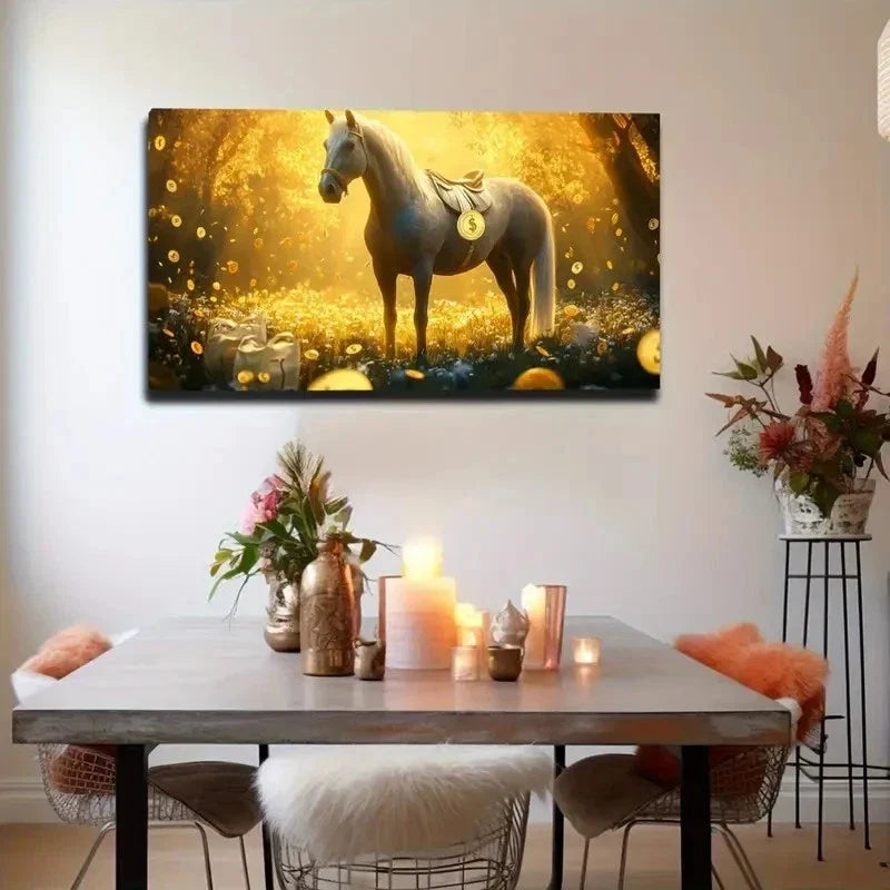 Majestic Horse In A Golden-Lit Wall Art Canvas Office Home Room Framed 120x60cm