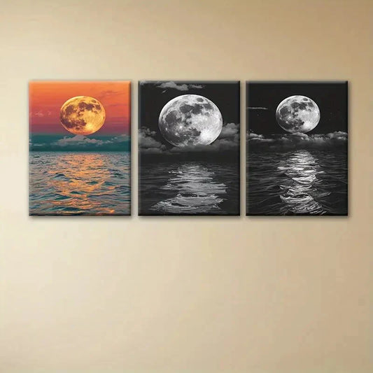 3pcs Moonlight Reflections Painting Metal Print Ready to Hang Art