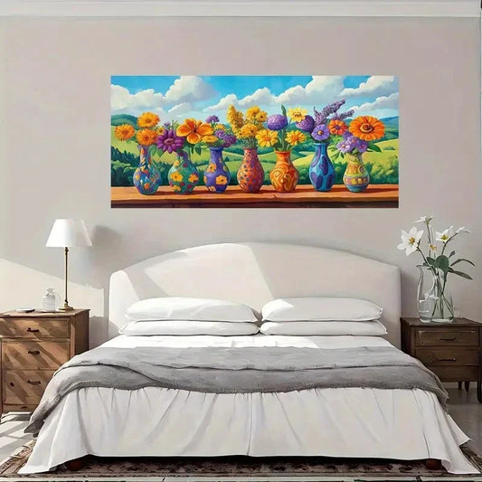 Vibrant Floral Vases Colorful Wall Art Canvas Office Home Room Framed 80x45cm