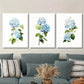3pcs Blue Hydrangea Floral with Green Leaves Metal Print Ready to Hang Art