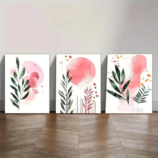 3pcs Vibrant Pink & Green Leaf Designs Metal Print Ready to Hang Art