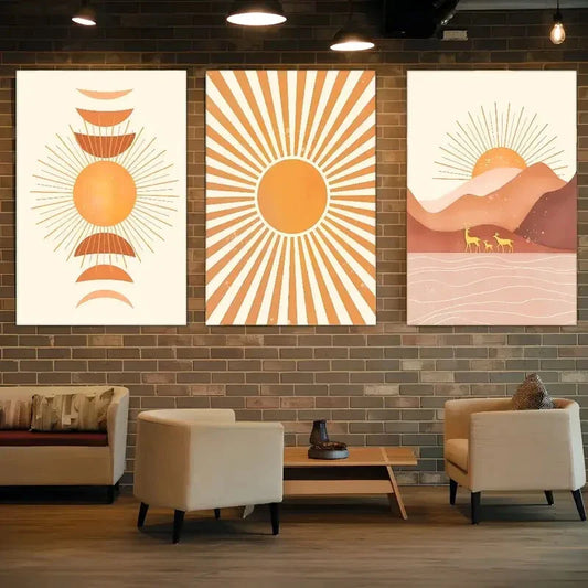 3pcs Landscape Sun Mountains And Deer Poster Art Metal Print Ready to Hang Art