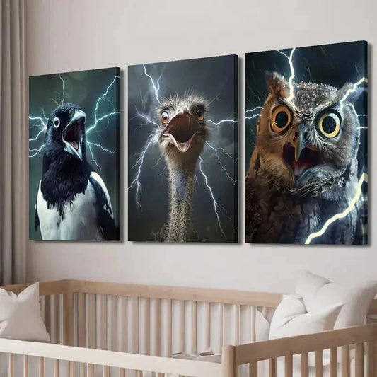 3pcs Magpie Ostrich Owl with Lightning Wall Art Set Canvas Framed 40x60cm - High Quality Print 100% Australian Made Wall Canvas Ready to Hang