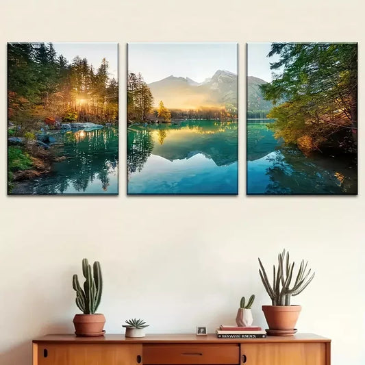 3pcs Sunrise Mountains, Forest, Lake Reflections Wall Art Set Canvas Framed 40x60cm - High Quality Print 100% Australian Made Wall Canvas Ready to Hang
