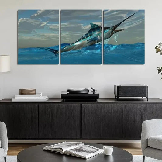 3pcs Blue Marlin Fish Bursts from Ocean Waters Metal Print Ready to Hang Art