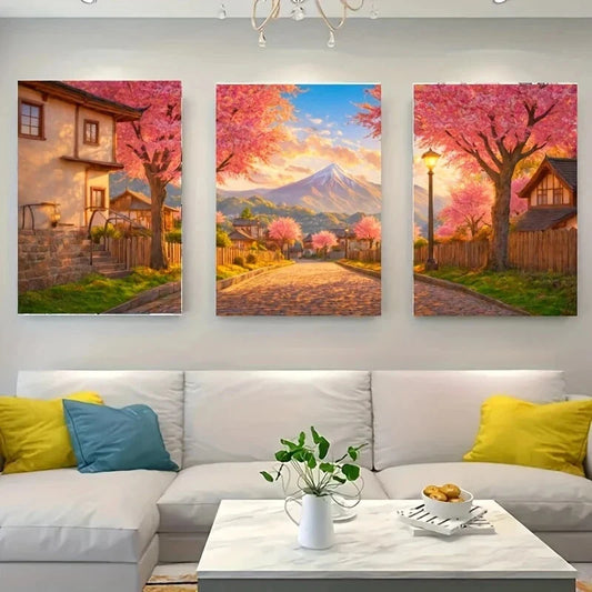 3pcs A Scenic Landscape Featuring a Cobbl Metal Print Ready to Hang Art