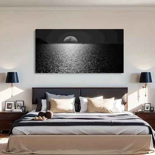 White Moon Ocean Night Black Wall Art Canvas Office Home Room Framed 120x60cm