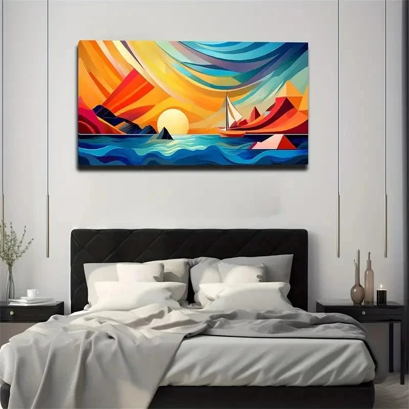 Abstract Ocean & Sailing Ship Wall Art Canvas Office Home Room Framed 120x60cm