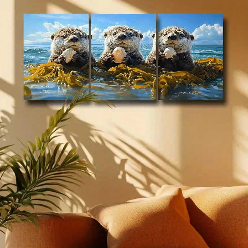 3pcs Three Lovely Otters with Shells Metal Print Ready to Hang Art