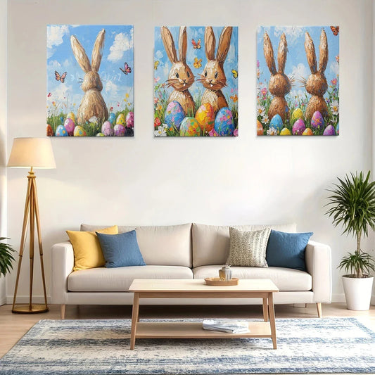 3pcs Brown Cutest Bunnies Blue Sky White Clouds Metal Print Ready to Hang Art