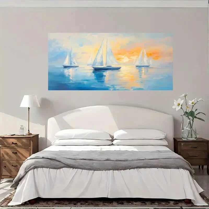 Sailboats Sunset Ocean Wall Art Canvas Office Home Room Framed 80x45cm