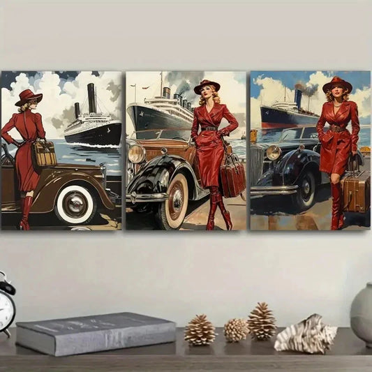 3pcs Retro modern girl, Art Painting  Metal Print Ready to Hang Art