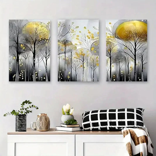 3pcs Golden Leaves & Black & White Forest Metal Print Ready to Hang Art