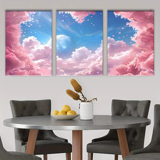 3pcs Heart-Shaped Cloud Sky Fabric Metal Print Ready to Hang Art
