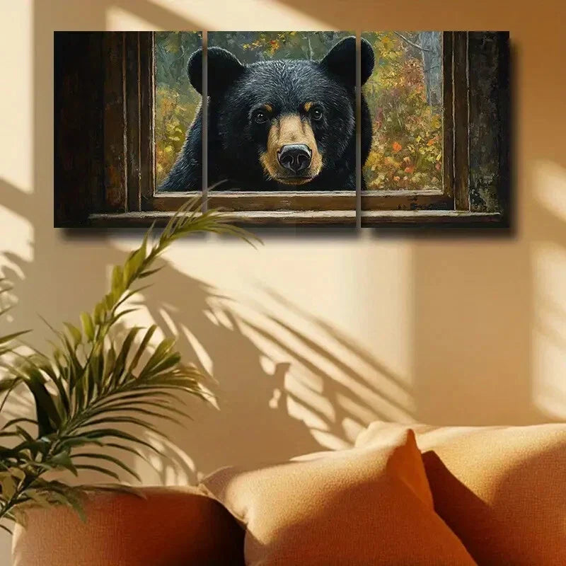 3pcs Window Bear Scene with Autumn Forest Metal Print Ready to Hang Art