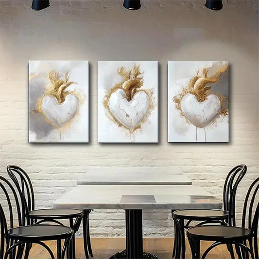 3pcs Modern Abstract Golden Heart White Perfect Wall Art Set Canvas Framed 40x60cm - High Quality Print 100% Australian Made Wall Canvas Ready to Hang
