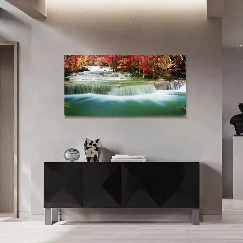 Waterfall Red Autumn Trees Landscape Wall Art Canvas Office Home Room Framed 80x45cm