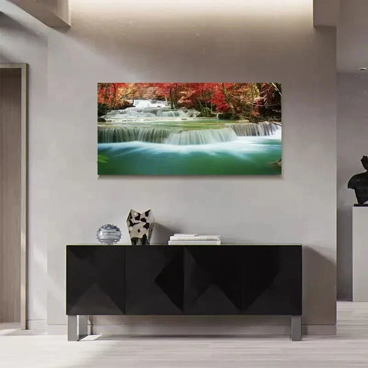 Waterfall Red Autumn Trees Landscape Wall Art Canvas Office Home Room Framed 80x45cm