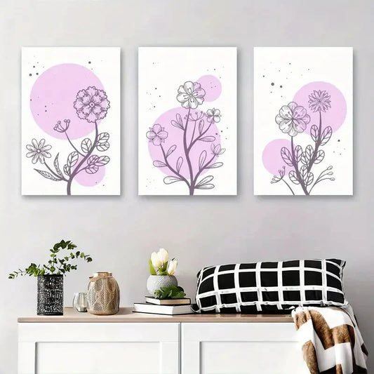 3pcs Minimalist Purple Floral Line Art with Pink Metal Print Ready to Hang Art