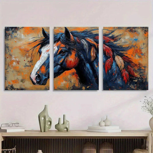 3pcs Vintage Indian Style Horse Metal Print Ready to Hang Art