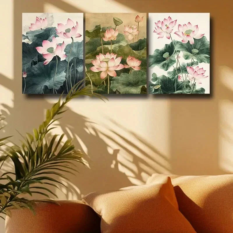 3pcs Pink Lotus Flower with Greenery Metal Print Ready to Hang Art