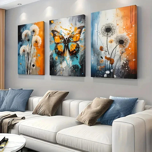 3pcs Scandinavian Inspired Butterfly Blue Floral  Wall Art Set Canvas Framed 40x60cm - High Quality Print 100% Australian Made Wall Canvas Ready to Hang