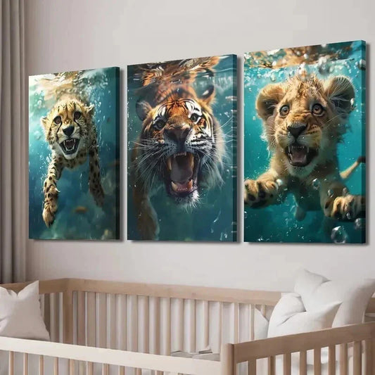 3pcs Cheetah Tiger Lion Swimming Wall Art Set Canvas Framed 40x60cm - High Quality Print 100% Australian Made Wall Canvas Ready to Hang