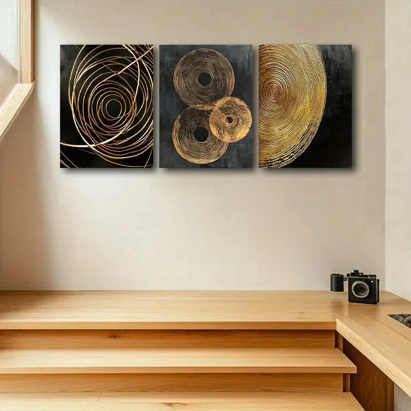 3pcs Concentric Circles Design in Black and Golden Metal Print Ready to Hang Art