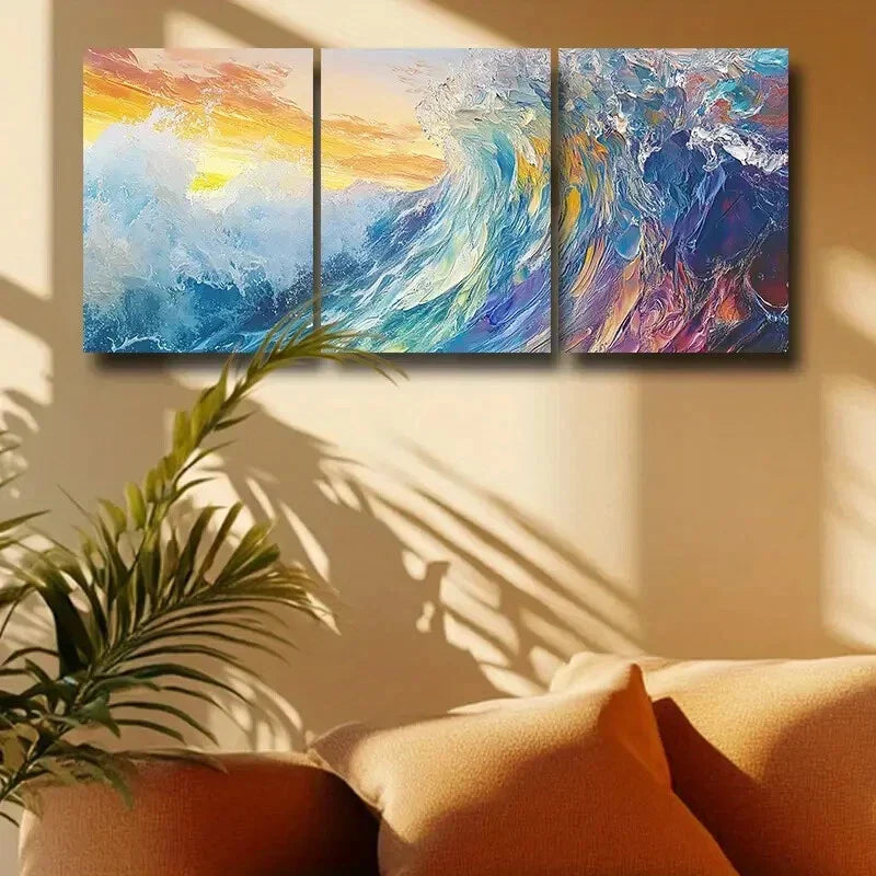 3pcs Modern Abstract Seascape with Sunset & Waves Metal Print Ready to Hang Art